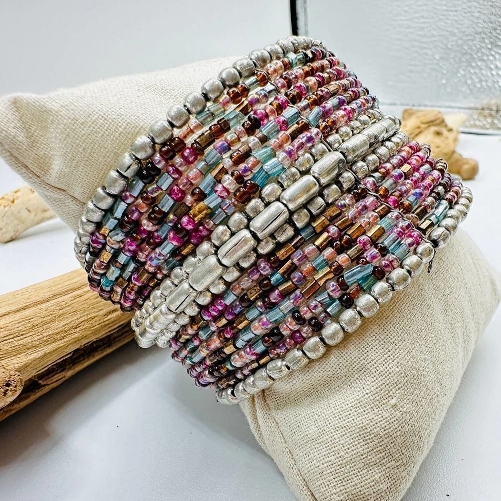 Vintage Multi Colored Beaded Cuff Gypsy Boho Bracelet